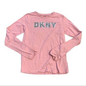 DKNY Girls Pink Long Sleeve Shirt with Crystal/Sparlke logo Size XL (14-16)